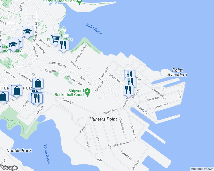 map of restaurants, bars, coffee shops, grocery stores, and more near 163 Avocet Way in San Francisco