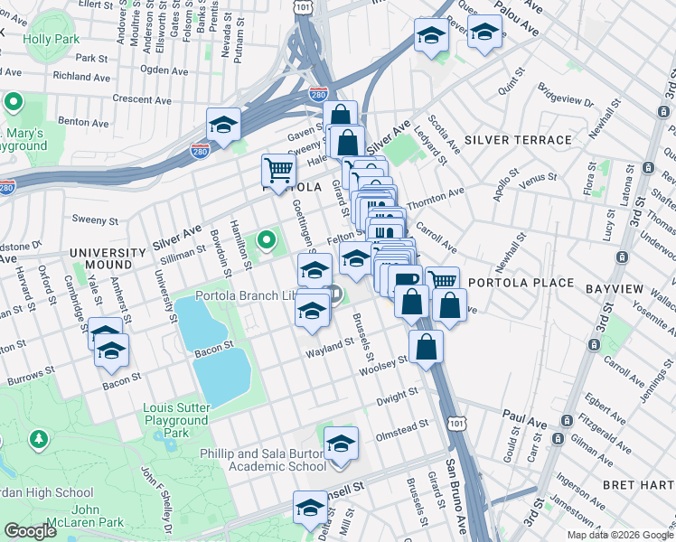 map of restaurants, bars, coffee shops, grocery stores, and more near 350 Girard Street in San Francisco