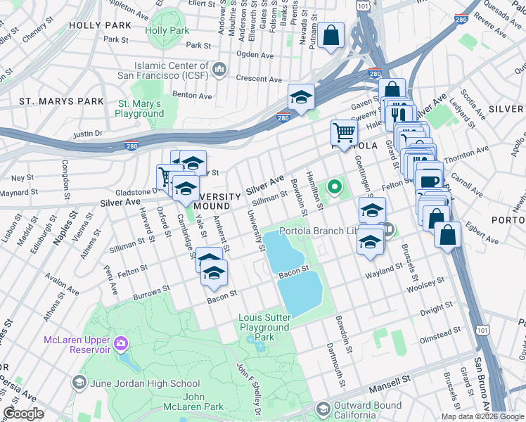 map of restaurants, bars, coffee shops, grocery stores, and more near 181 Colby Street in San Francisco