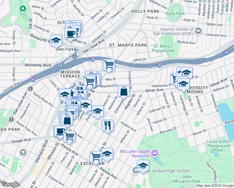 map of restaurants, bars, coffee shops, grocery stores, and more near 2 Madrid Street in San Francisco