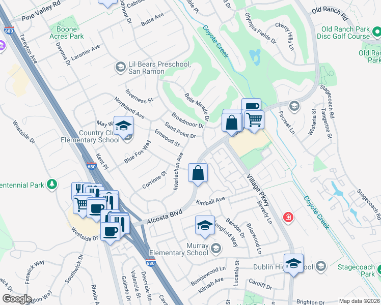 map of restaurants, bars, coffee shops, grocery stores, and more near 9085 Alcosta Boulevard in San Ramon