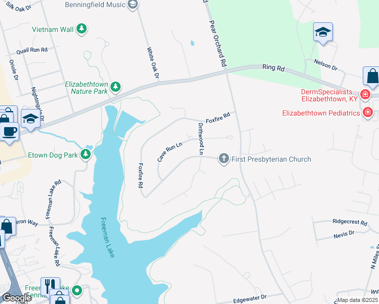 map of restaurants, bars, coffee shops, grocery stores, and more near 705-799 Foxfire Rd in Elizabethtown