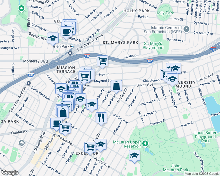 map of restaurants, bars, coffee shops, grocery stores, and more near 2 Madrid Street in San Francisco
