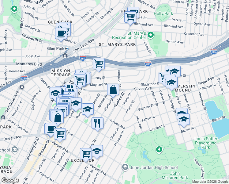map of restaurants, bars, coffee shops, grocery stores, and more near 2 Edinburgh Street in San Francisco