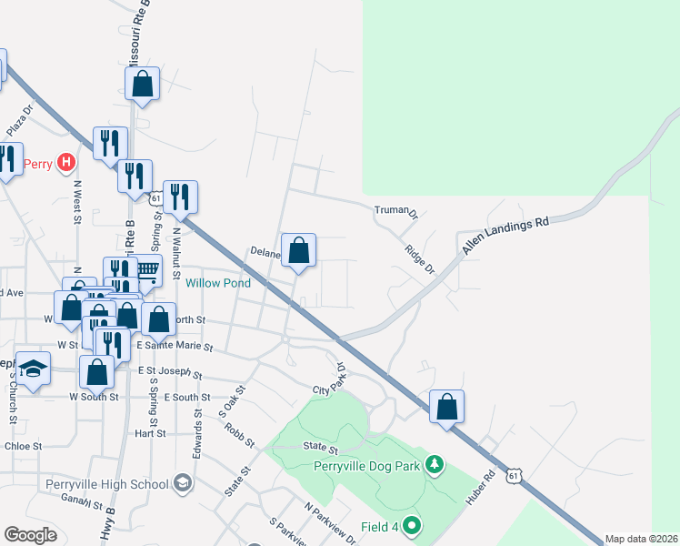 map of restaurants, bars, coffee shops, grocery stores, and more near 317 Phillips Street in Perryville