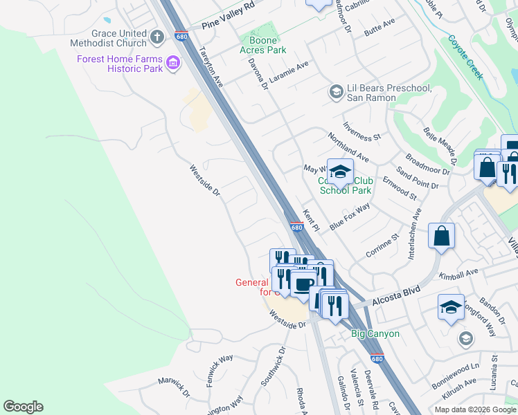 map of restaurants, bars, coffee shops, grocery stores, and more near 95 Brevensville Drive in San Ramon