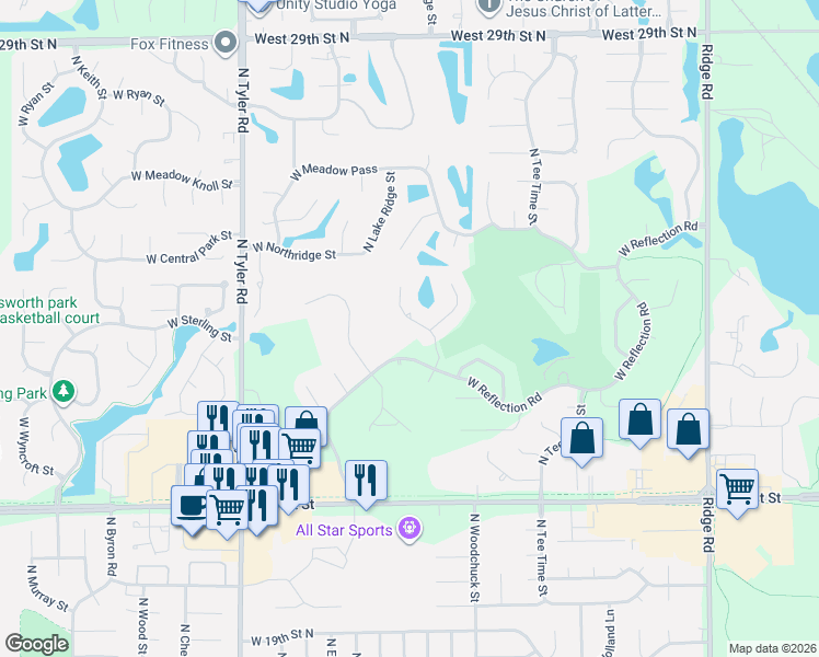 map of restaurants, bars, coffee shops, grocery stores, and more near 8222-8244 West Reflection Road in Wichita