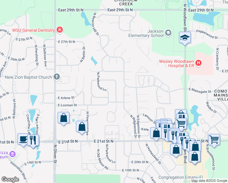 map of restaurants, bars, coffee shops, grocery stores, and more near 2501 North Beacon Hill Street in Wichita