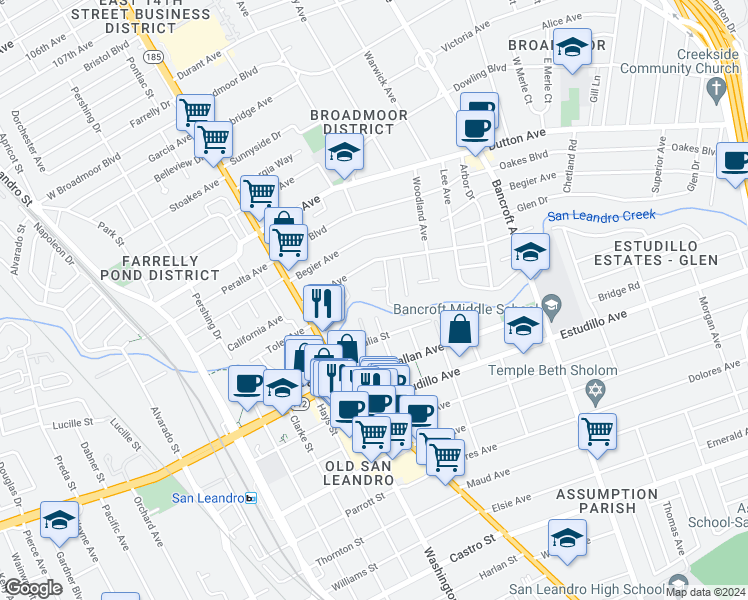 map of restaurants, bars, coffee shops, grocery stores, and more near 1051 Harrison Street in San Leandro