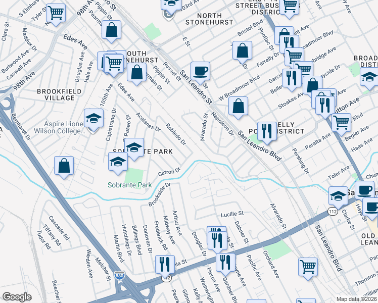 map of restaurants, bars, coffee shops, grocery stores, and more near 654 Catron Drive in Oakland