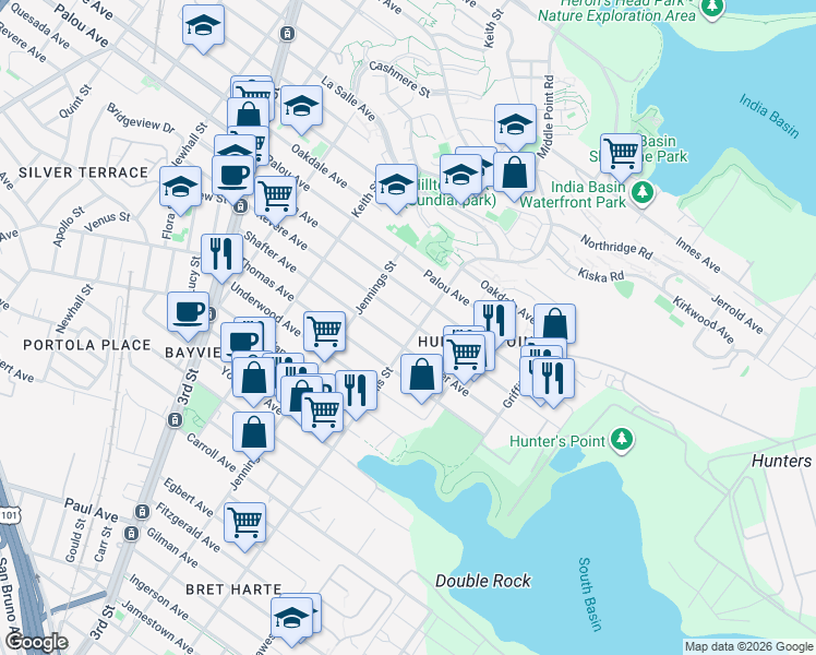 map of restaurants, bars, coffee shops, grocery stores, and more near 1283 Ingalls Street in San Francisco