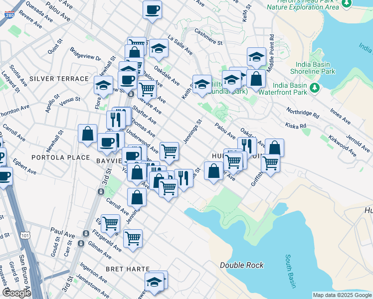 map of restaurants, bars, coffee shops, grocery stores, and more near 1350 Thomas Avenue in San Francisco
