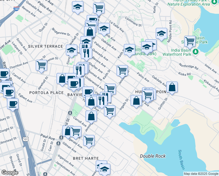 map of restaurants, bars, coffee shops, grocery stores, and more near 1924 Jennings Street in San Francisco