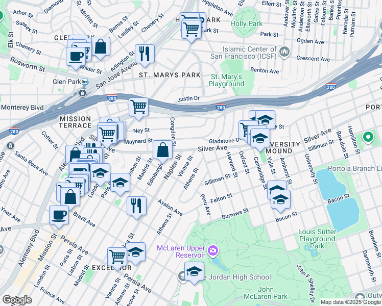 map of restaurants, bars, coffee shops, grocery stores, and more near 14 Athens Street in San Francisco