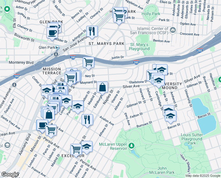 map of restaurants, bars, coffee shops, grocery stores, and more near 37 Naples Street in San Francisco