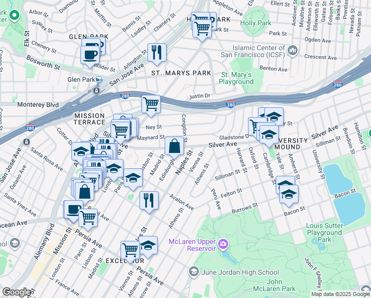 map of restaurants, bars, coffee shops, grocery stores, and more near 37 Naples Street in San Francisco