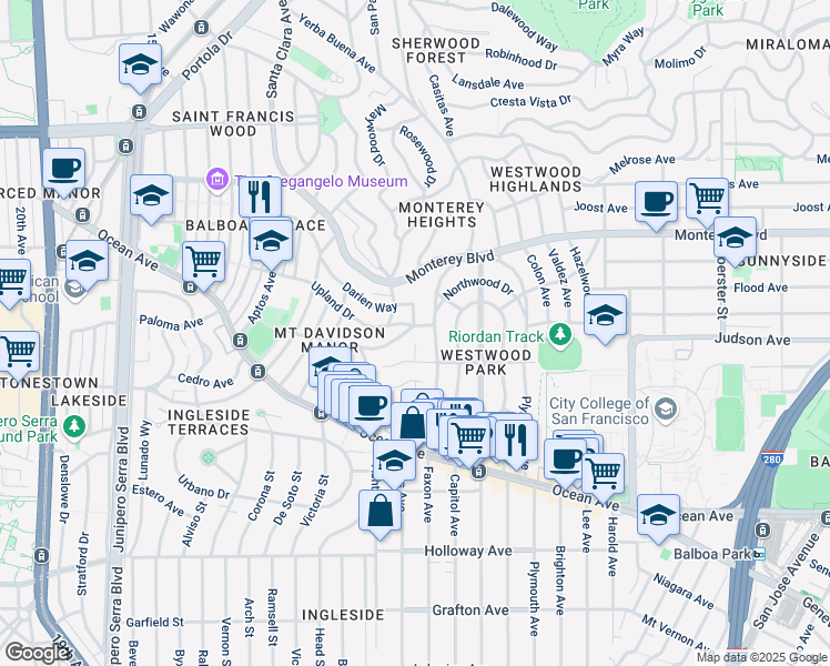 map of restaurants, bars, coffee shops, grocery stores, and more near 145 Kenwood Way in San Francisco