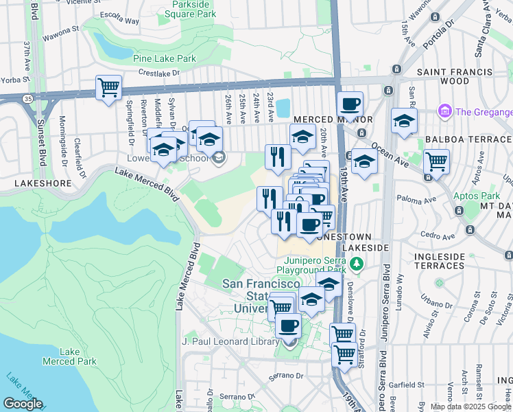 map of restaurants, bars, coffee shops, grocery stores, and more near 353 Buckingham Way in San Francisco