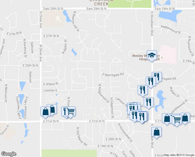 map of restaurants, bars, coffee shops, grocery stores, and more near 2430 North Beacon Hill Street in Wichita