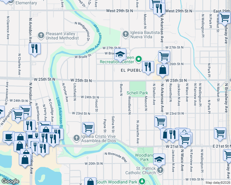 map of restaurants, bars, coffee shops, grocery stores, and more near 2502 Salina North Street in Wichita