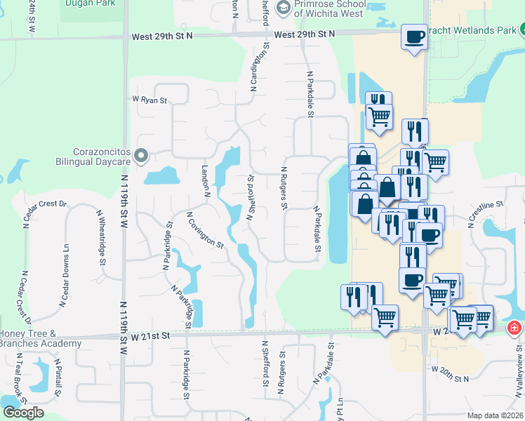 map of restaurants, bars, coffee shops, grocery stores, and more near 2450 N Shefford St in Wichita