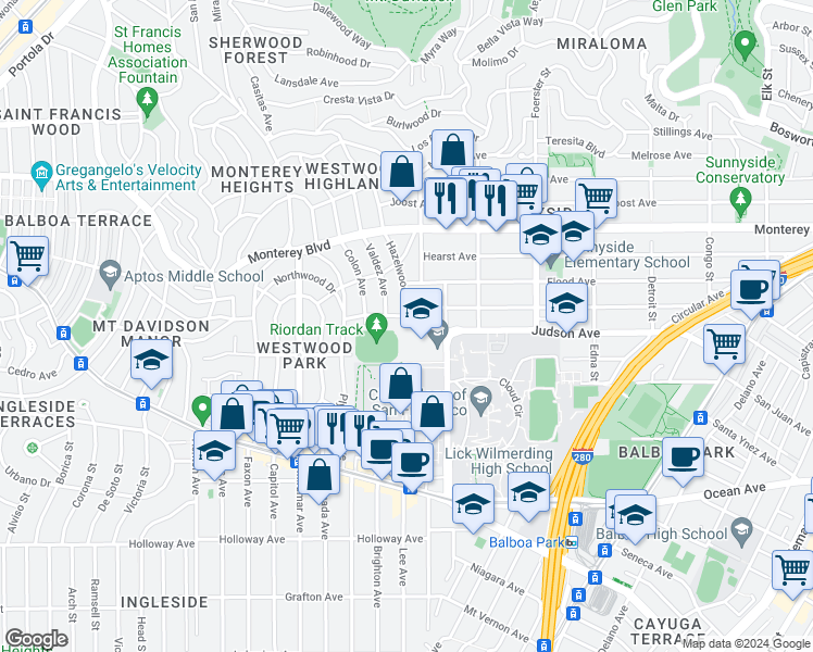 map of restaurants, bars, coffee shops, grocery stores, and more near 1098 Judson Avenue in San Francisco