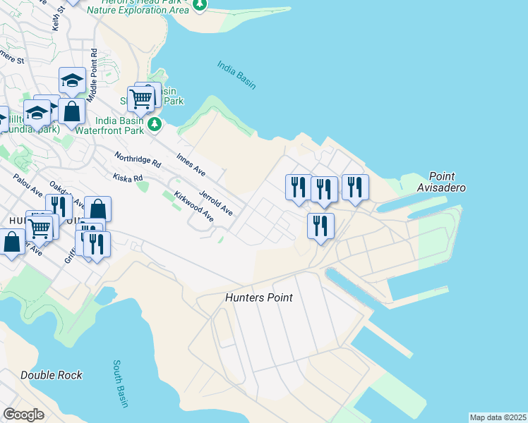 map of restaurants, bars, coffee shops, grocery stores, and more near 570 Innes Avenue in San Francisco