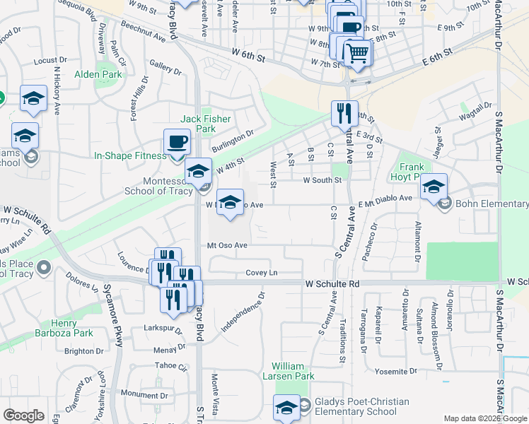 map of restaurants, bars, coffee shops, grocery stores, and more near 302 West Mount Diablo Avenue in Tracy