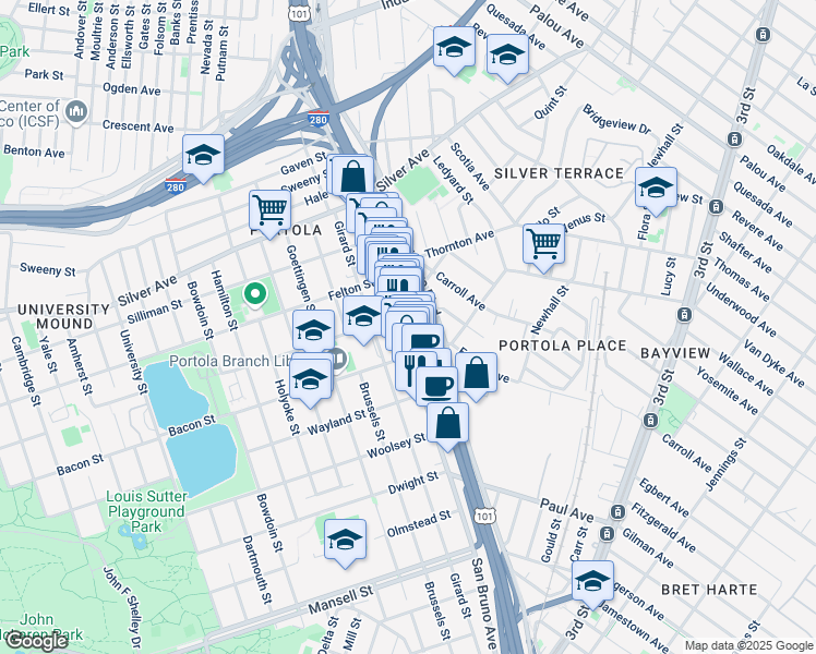 map of restaurants, bars, coffee shops, grocery stores, and more near 2629 San Bruno Avenue in San Francisco