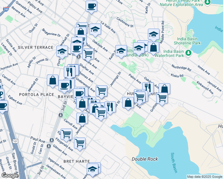 map of restaurants, bars, coffee shops, grocery stores, and more near 1350 Thomas Avenue in San Francisco