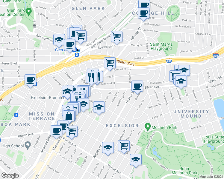 map of restaurants, bars, coffee shops, grocery stores, and more near Silver Ave & Lisbon St in San Francisco