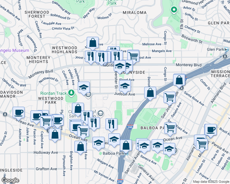 map of restaurants, bars, coffee shops, grocery stores, and more near 300 Judson Avenue in San Francisco