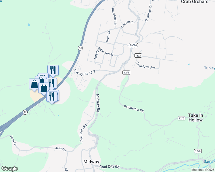 map of restaurants, bars, coffee shops, grocery stores, and more near 675 Midway Road in Crab Orchard