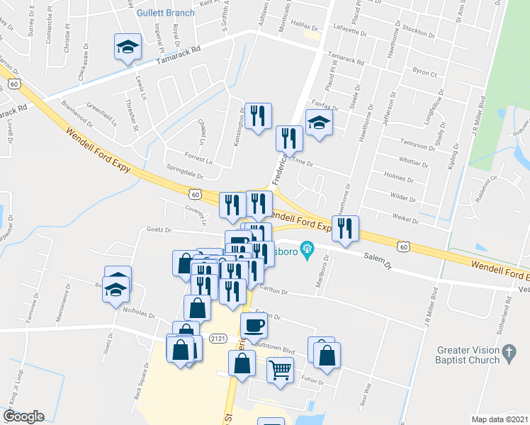 map of restaurants, bars, coffee shops, grocery stores, and more near Frederica Street in Daviess
