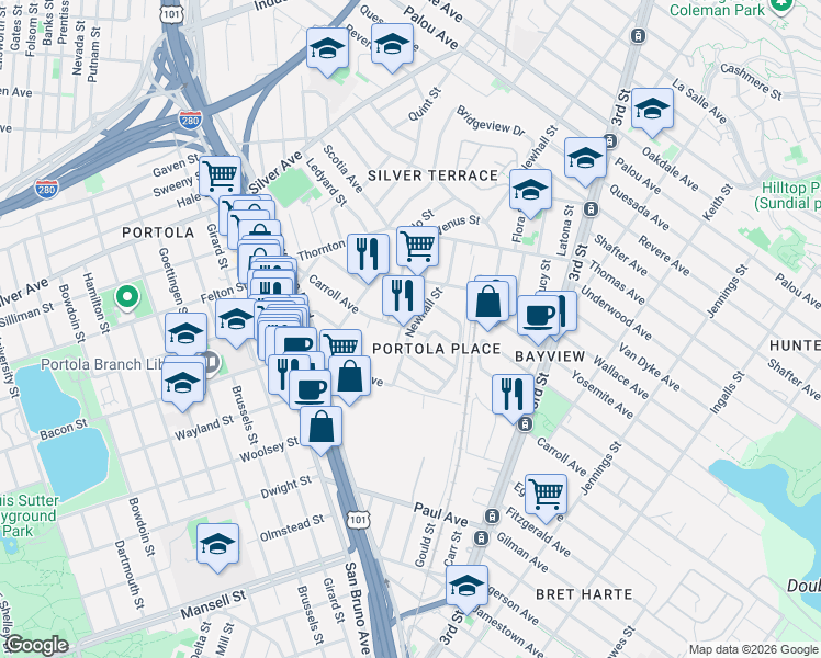 map of restaurants, bars, coffee shops, grocery stores, and more near Newhall St & Carroll Ave in San Francisco