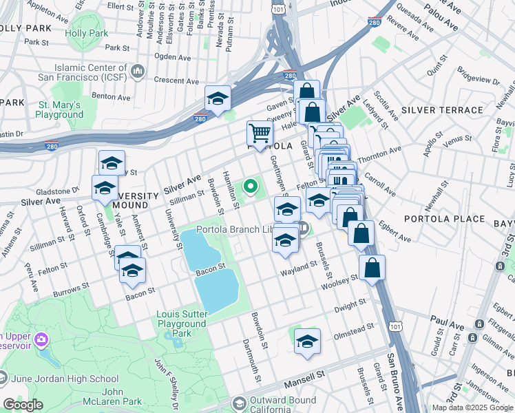 map of restaurants, bars, coffee shops, grocery stores, and more near 267 Holyoke Street in San Francisco
