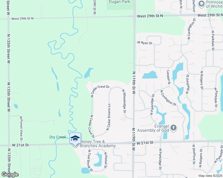 map of restaurants, bars, coffee shops, grocery stores, and more near 2538 North Cedar Downs Lane in Wichita