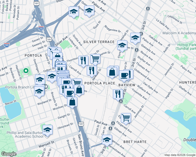 map of restaurants, bars, coffee shops, grocery stores, and more near 88 Orsi Circle in San Francisco