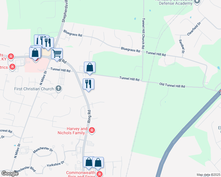 map of restaurants, bars, coffee shops, grocery stores, and more near 1927 Tunnel Hill Road in Elizabethtown