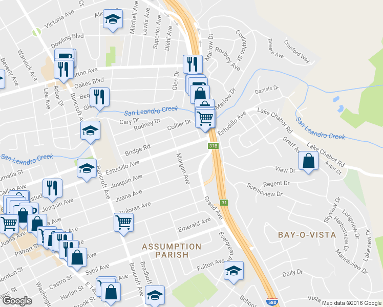 map of restaurants, bars, coffee shops, grocery stores, and more near 923 Joaquin Avenue in San Leandro