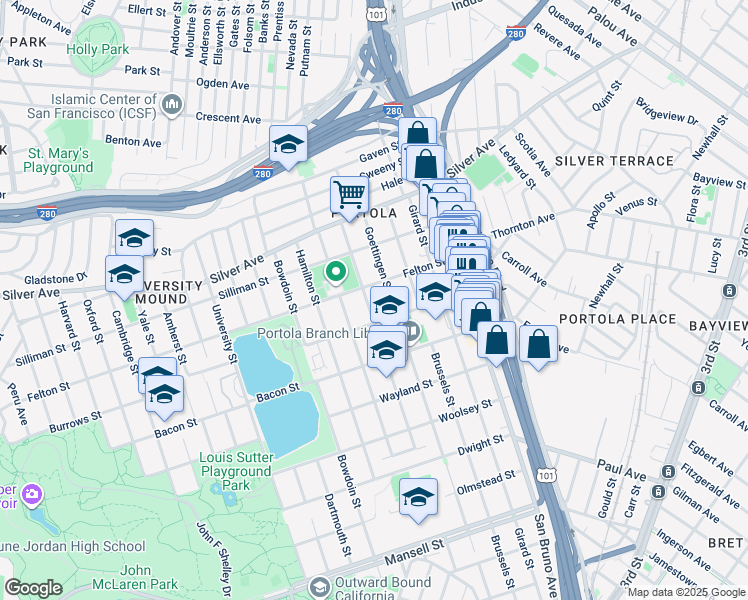 map of restaurants, bars, coffee shops, grocery stores, and more near 428 Burrows Street in San Francisco