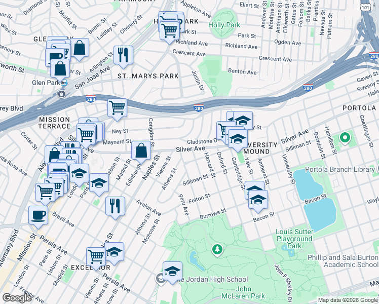 map of restaurants, bars, coffee shops, grocery stores, and more near 400-498 Pioche Street in San Francisco