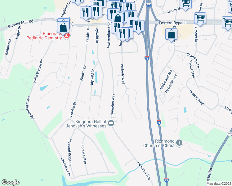 map of restaurants, bars, coffee shops, grocery stores, and more near 605 Hampton Way in Richmond
