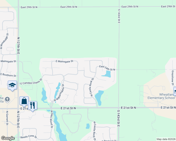 map of restaurants, bars, coffee shops, grocery stores, and more near 13910 East Ayesbury Street in Wichita