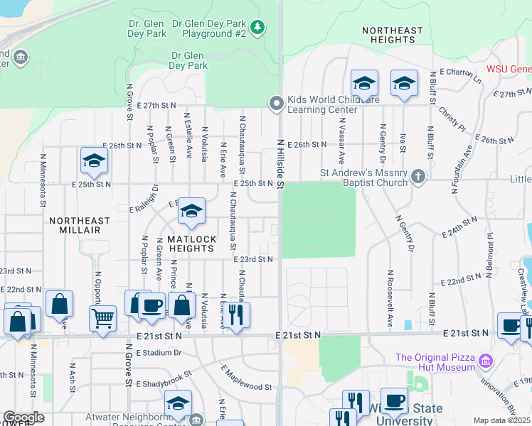 map of restaurants, bars, coffee shops, grocery stores, and more near 2449 North Derrick Street in Wichita