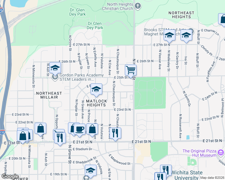 map of restaurants, bars, coffee shops, grocery stores, and more near 2457 North Chautauqua Street in Wichita