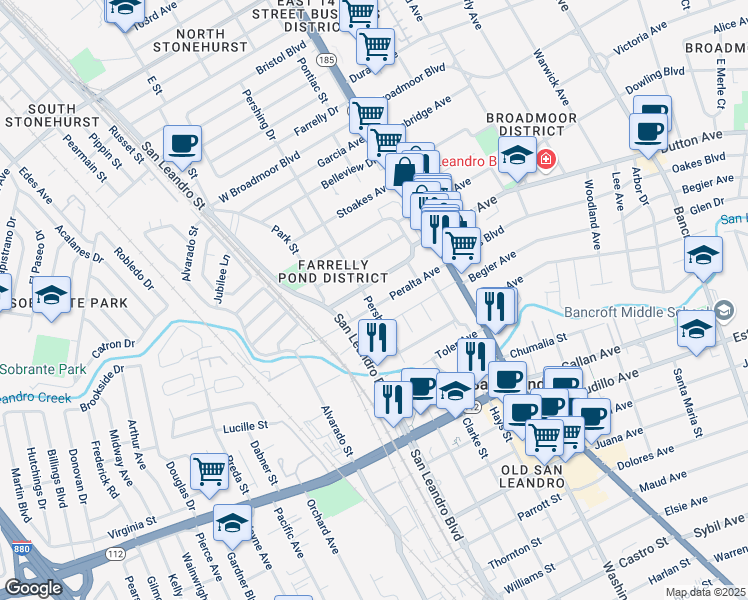 map of restaurants, bars, coffee shops, grocery stores, and more near 315 Peralta Avenue in San Leandro