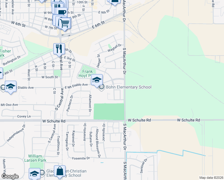map of restaurants, bars, coffee shops, grocery stores, and more near 241 King Arthur Court in Tracy