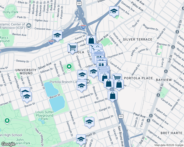 map of restaurants, bars, coffee shops, grocery stores, and more near 350 Girard Street in San Francisco