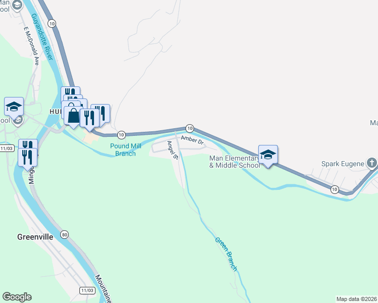 map of restaurants, bars, coffee shops, grocery stores, and more near 145 Green Valley Road in Mallory